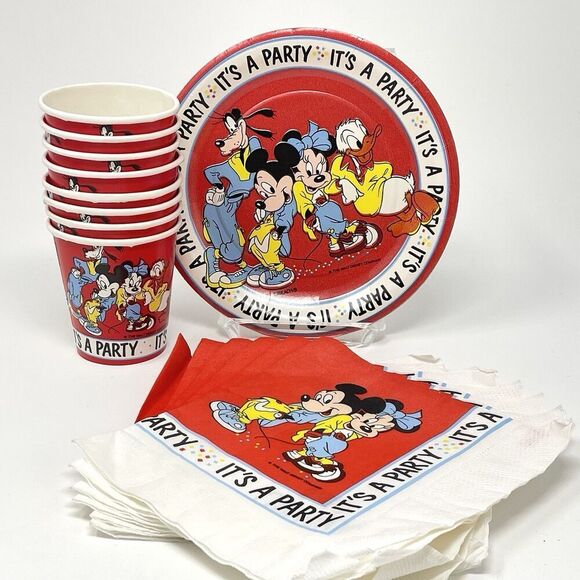 Vintage Disney Mickey Mouse Friends Its A Party 8 Cups 6 Napkins 16 Plates - Picture 1 of 6
